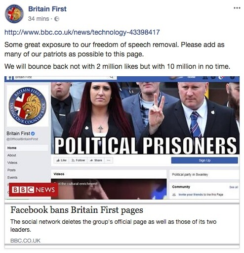 To Facebook διέγραψε τη σελίδα του βρετανικού ακροδεξιού κόμματος Britain First