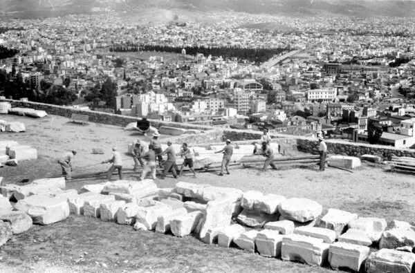 Greece, restoration workers at Acropolis of Athens