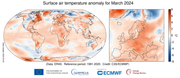 Ο Μάρτιος του 2024 ήταν ο 10ος μήνας κατά τον οποίο καταρρίφθηκε παγκόσμιο ρεκόρ υψηλών θερμοκρασιών