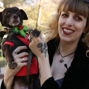 Η Χλόη, μια πρώην αδέσποτη σκυλίτσα, φοράει τα χριστουγεννιάτικά της